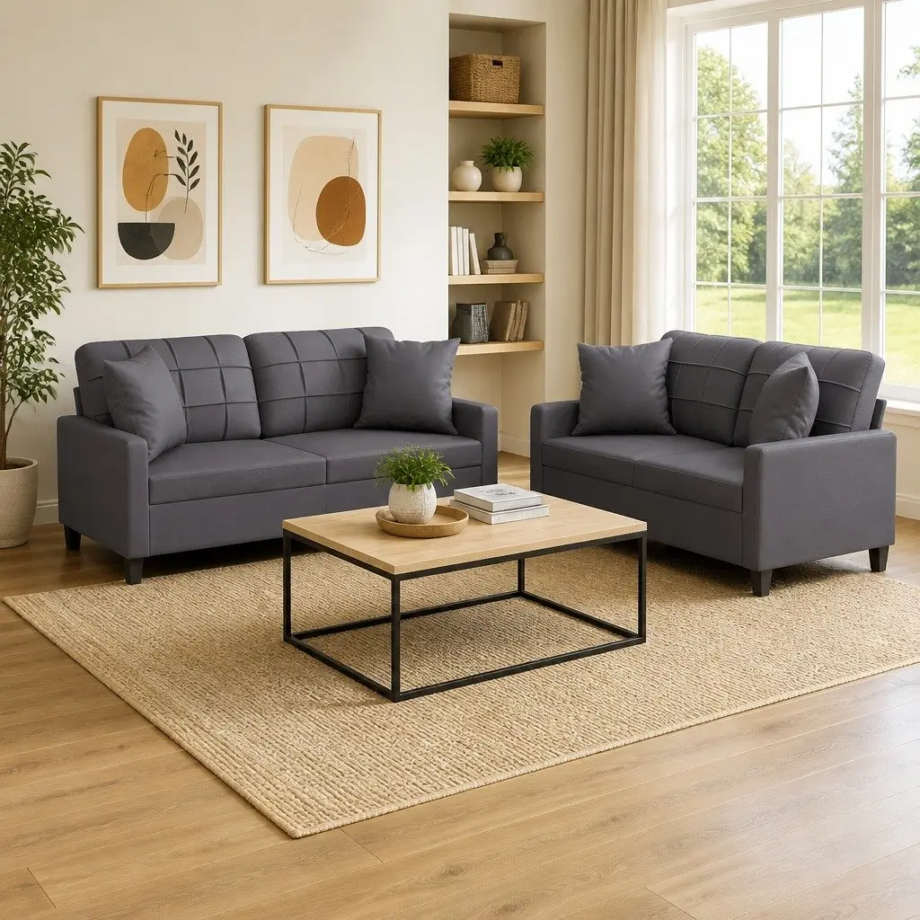 2 Piece Grey Faux Leather Sofa Set