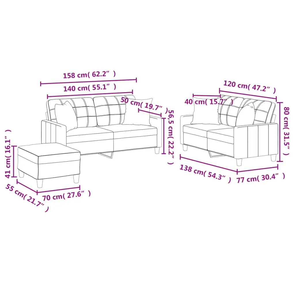3 Piece Sofa Set Black Faux Leather Couch with Throw Pillows and Footstool