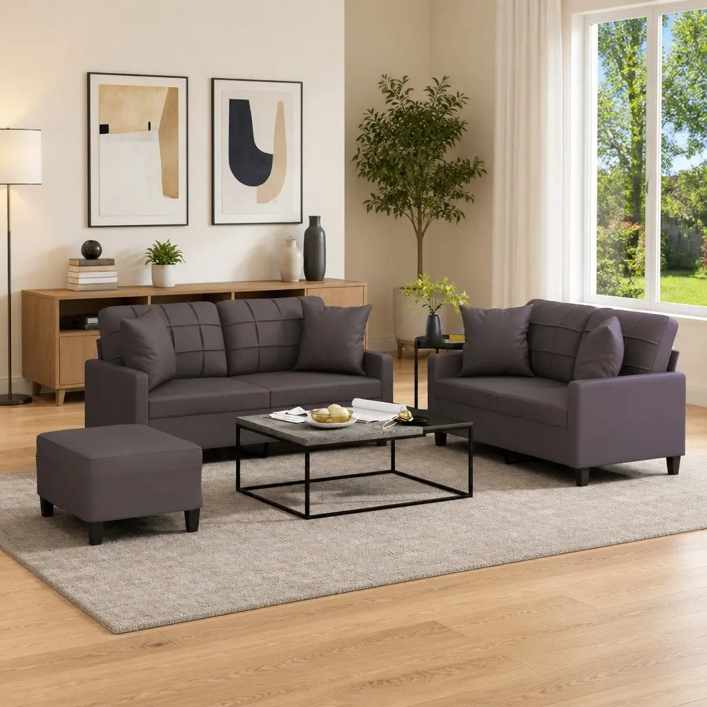 3 Piece Sofa Set for Living Room Grey Faux Leather