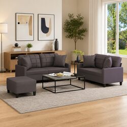 3 Piece Grey Sofa Set: Faux Leather with Pillows & Footstool