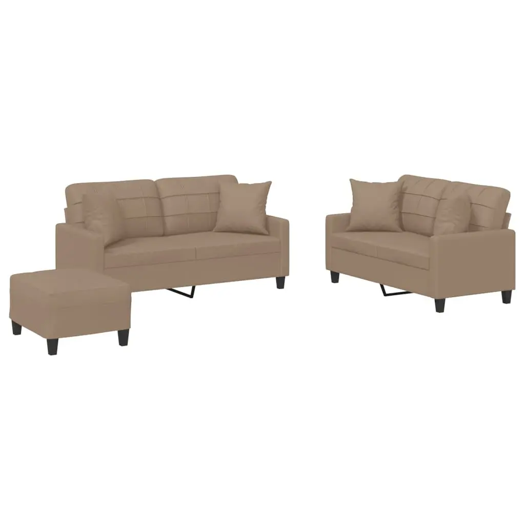 3 Piece Sofa Set with Throw Pillows Footstool Brown Faux Leather Living Room