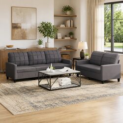 2 Piece Grey Sofa Set - Faux Leather and Sturdy Frame