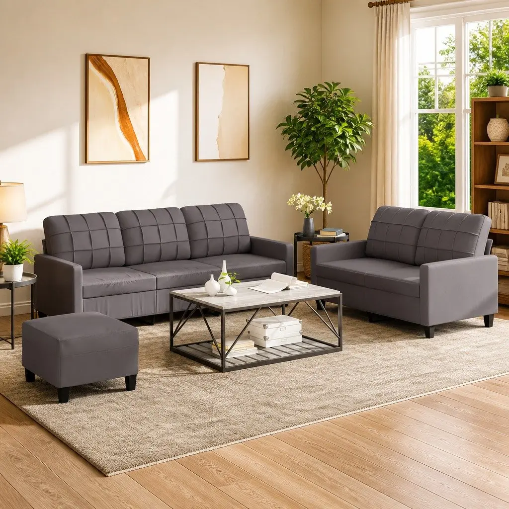 3 Piece Sofa Set for Living Room Grey Faux Leather