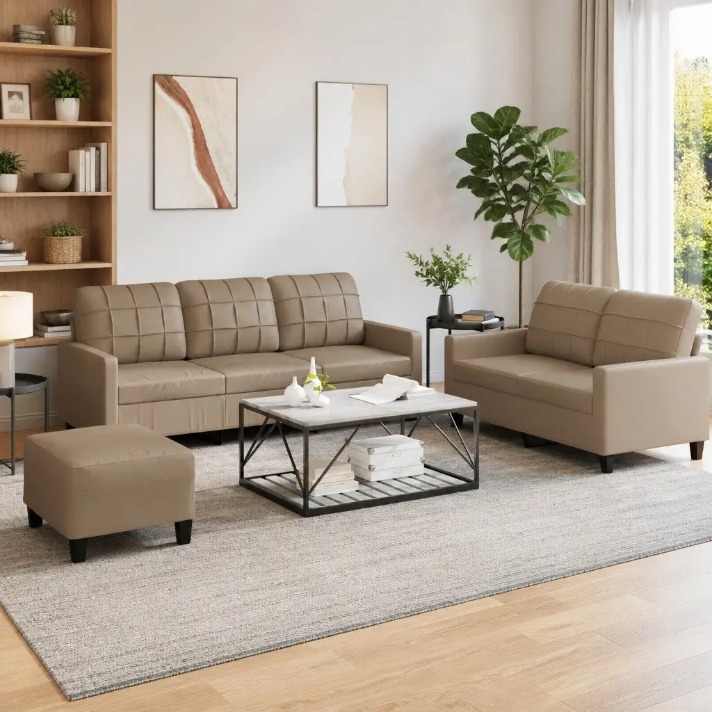 3 Piece Sofa Set with Footstool Cushions Brown Faux Leather Living Room