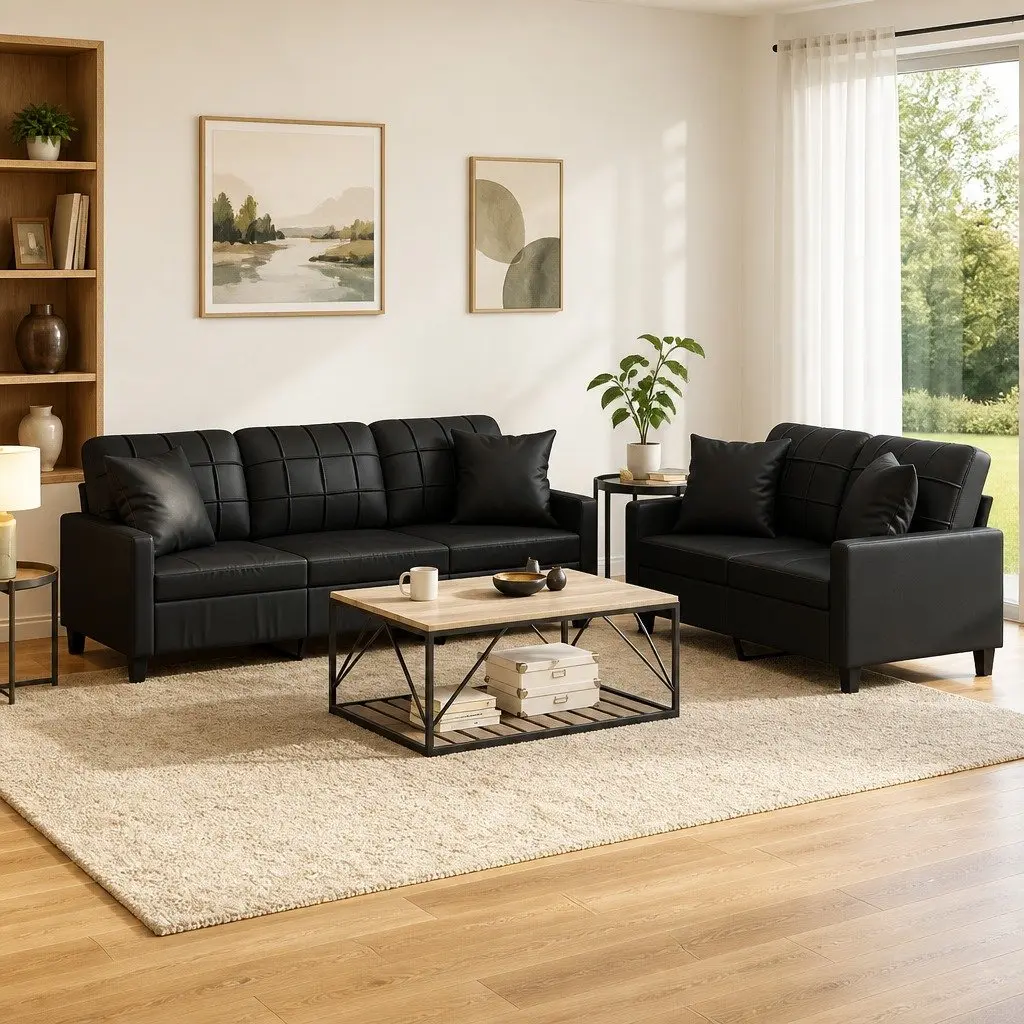 2 Piece Sofa Set Living Room Black Faux Leather Couch