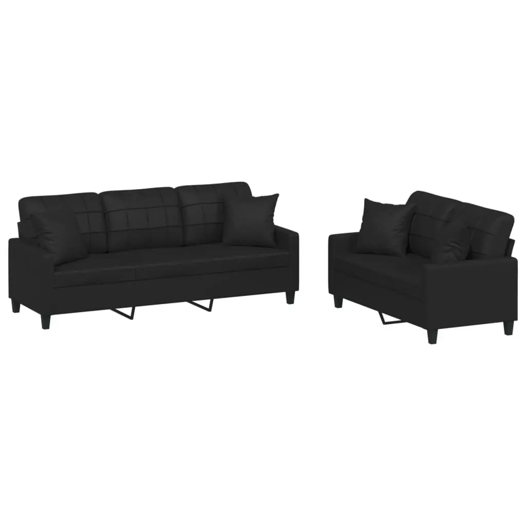 2 Piece Sofa Set Living Room Black Faux Leather Couch