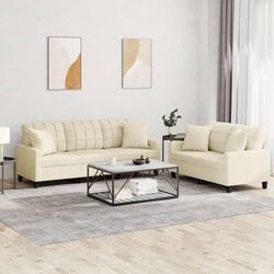 2 Piece Sofa Set: Cream Faux Leather Lounge with Pillows
