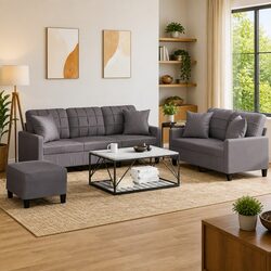 3 Piece Sofa Set Grey Faux Leather Couch with Pillows and Footstool Living Room