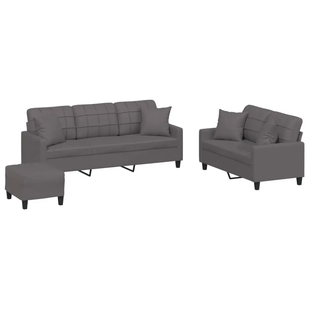 3-Piece Grey Faux Leather Sofa Set