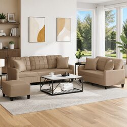 3 Piece Sofa Set - Brown Faux Leather with Pillows