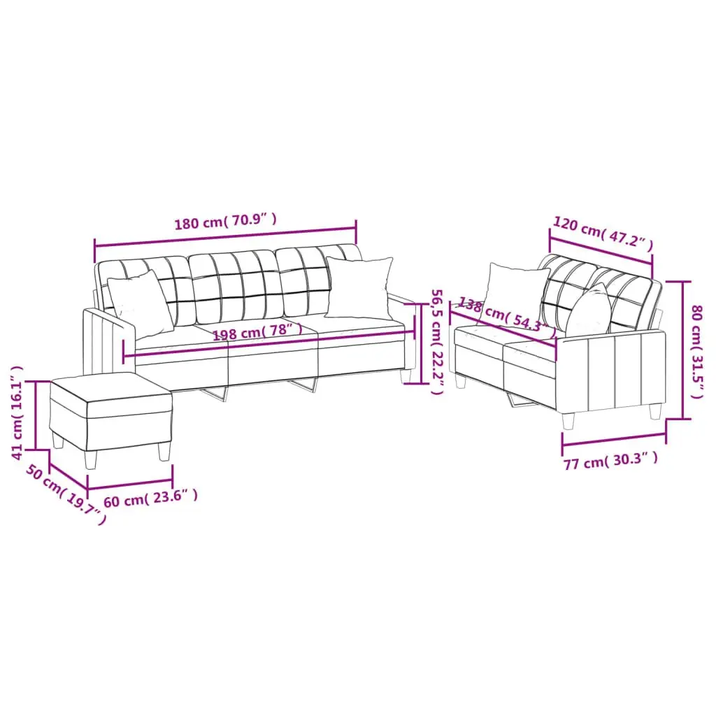 3 Piece Sofa Set with Throw Pillows Footstool Brown Faux Leather Living Room