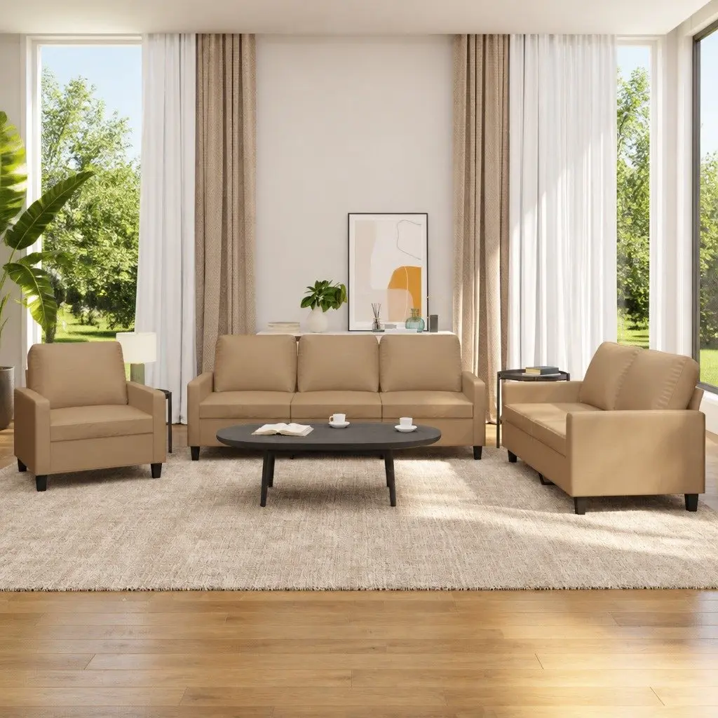 3 Piece Sofa Set Living Room Brown Faux Leather Sectional Couch