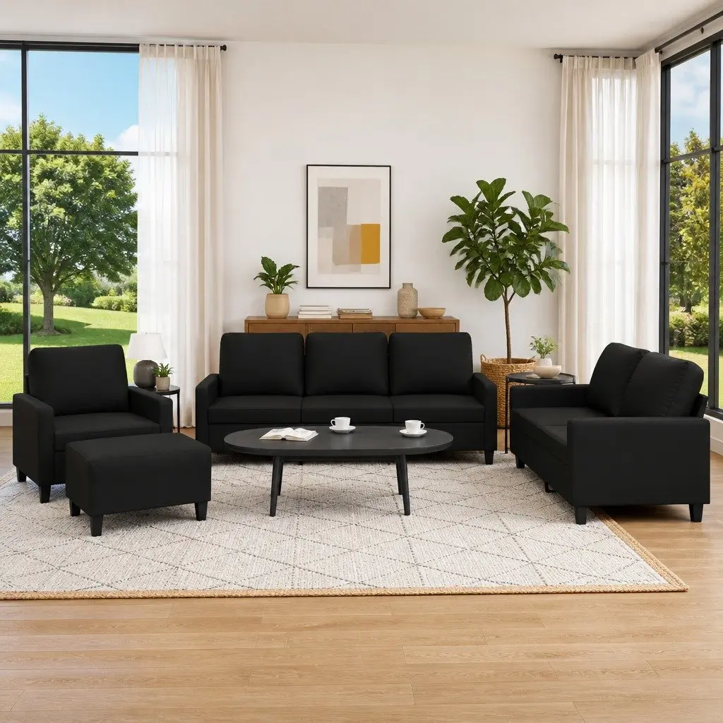 4 Piece Sofa Set with Footstool Cushions Black Faux Leather Living Room