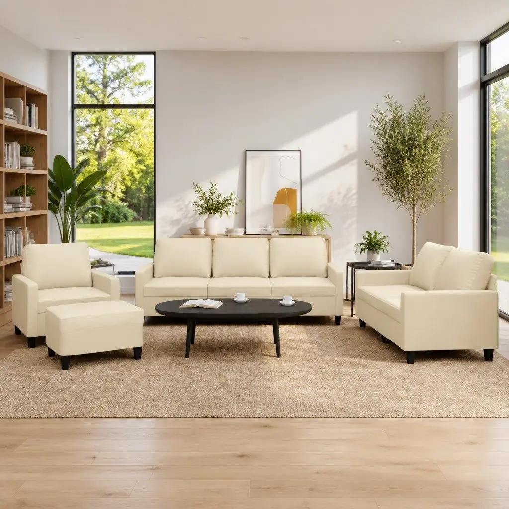 4 Piece Sofa Set for Living Room Cream Faux Leather