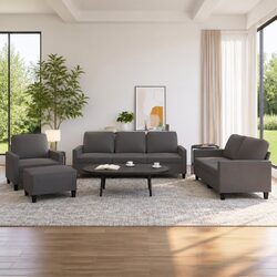 Compact 4 Piece Grey Sofa Set with Faux Leather Upholstery