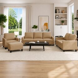 Specifications of 4 Piece Brown Faux Leather Sofa Set with Footstool