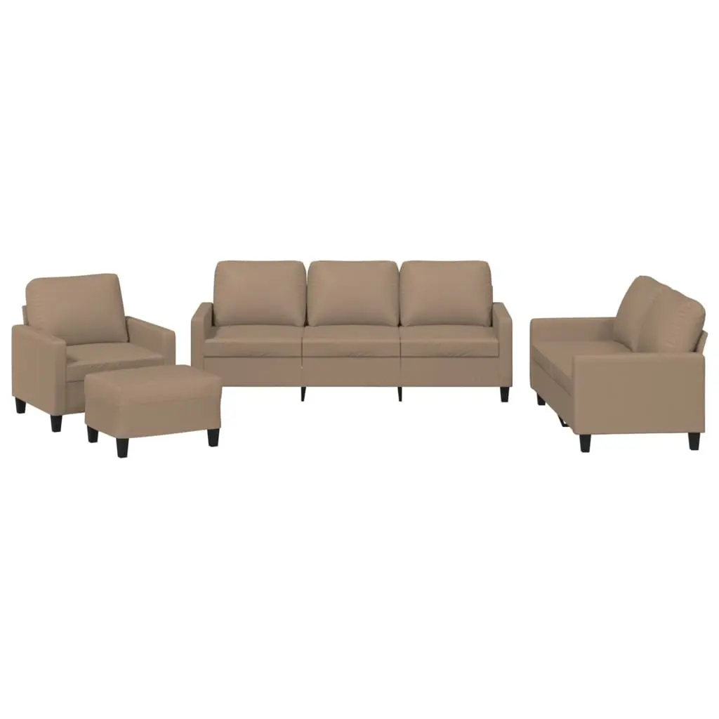 4 Piece Brown Faux Leather Sofa Set with Footstool