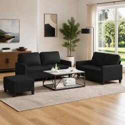 3 Piece Sofa Set: Black Faux Leather, Cushions Included