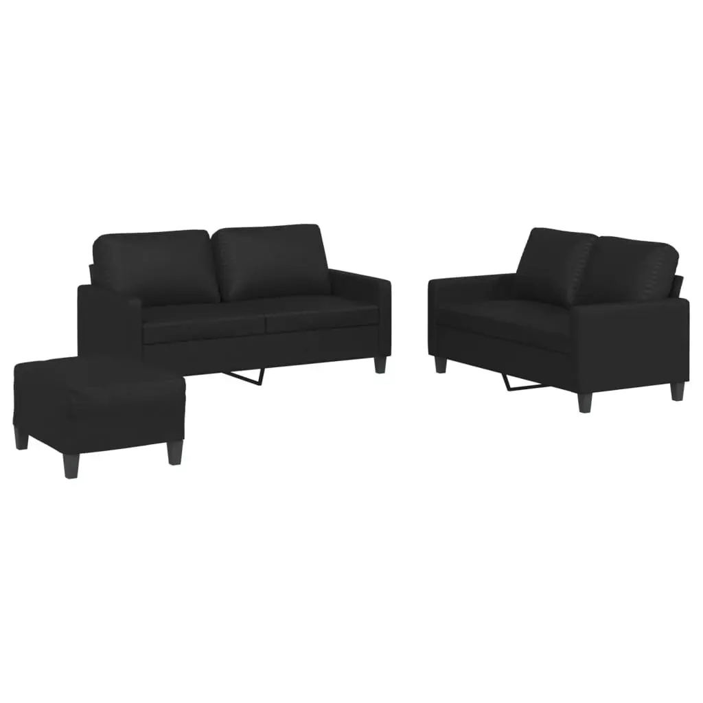 3 Piece Sofa Set with Cushions Footstool Black Faux Leather Living Room