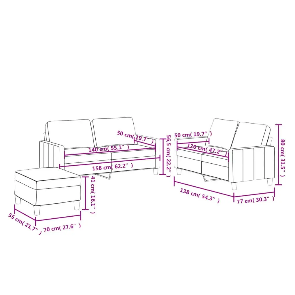 3 Piece Sofa Set with Cushions Footstool Black Faux Leather Living Room