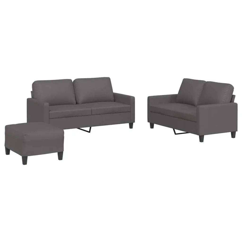 3 Piece Grey Sofa Set with Footstool Cushions Faux Leather Living Room Furniture