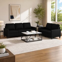 Durable 2 Piece Black Faux Leather Sofa Set with Cushions
