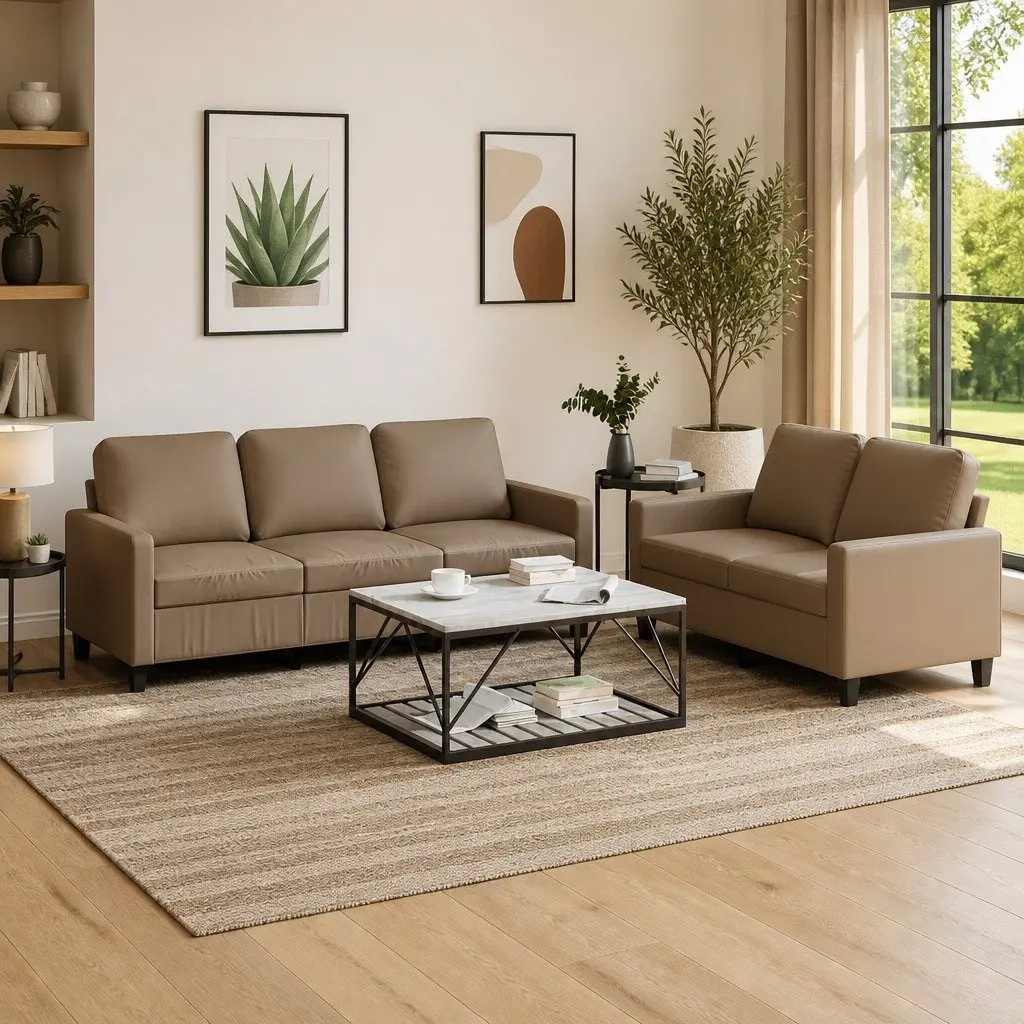 2 Piece Sofa Set Brown Faux Leather Living Room Furniture Seating with Cushions