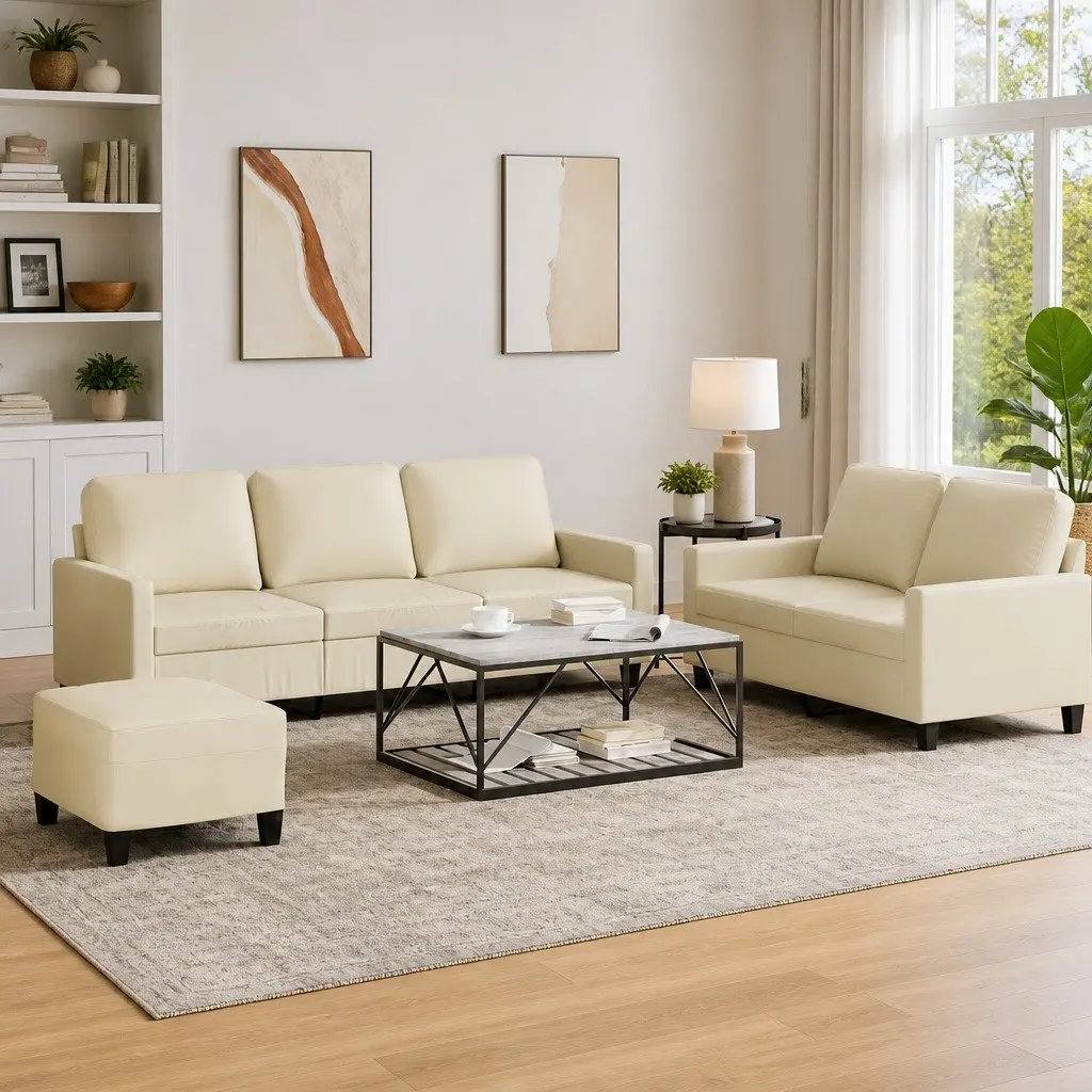 3 Piece Sofa Set Living Room Cream Faux Leather