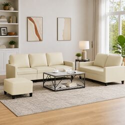 3 Piece Sofa Set Specifications: Cream Faux Leather