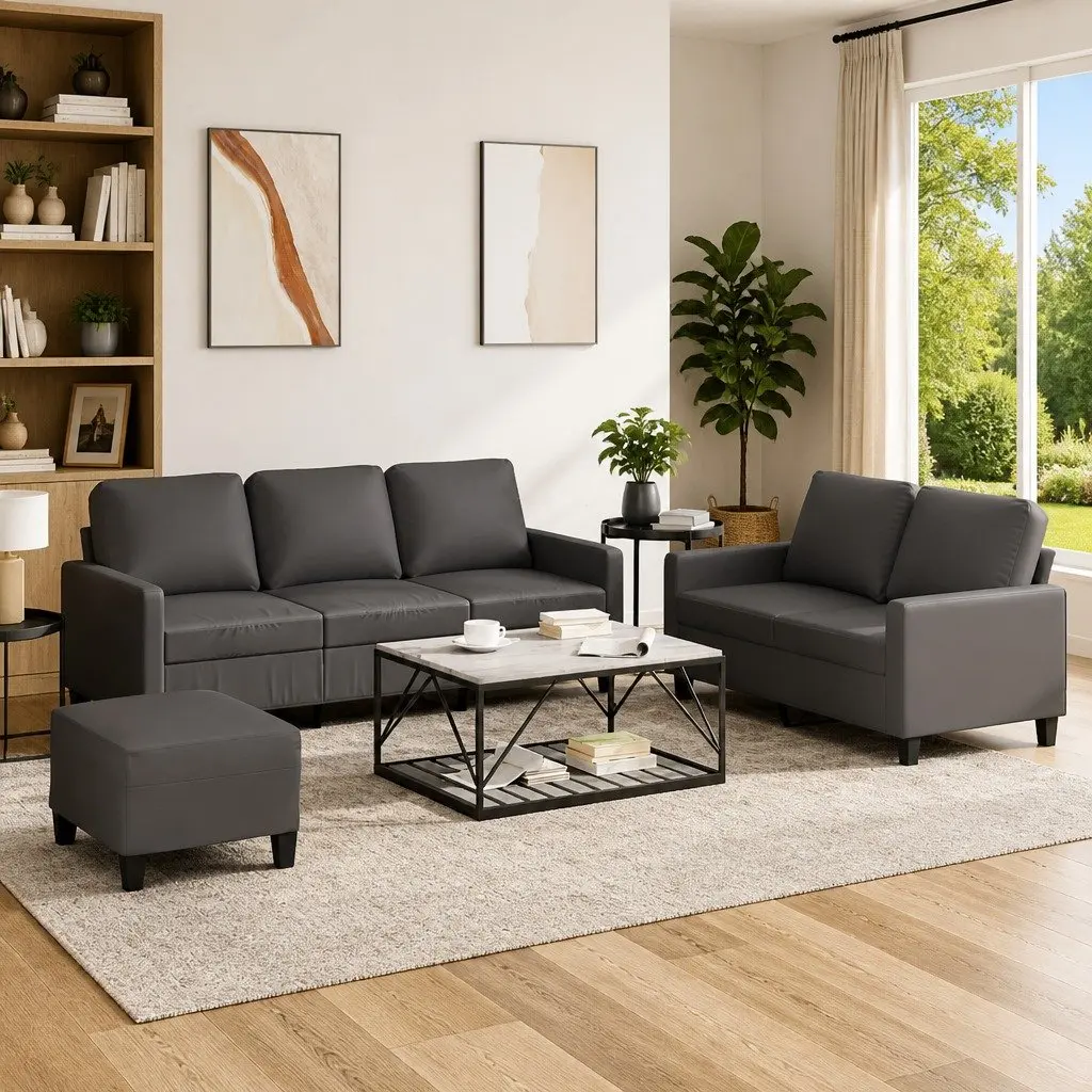 3 Piece Sofa Set Grey Faux Leather with Cushions Living Room Furniture Couch