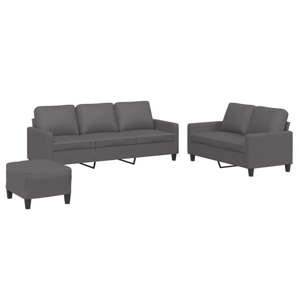 3 Piece Sofa Set Grey Faux Leather with Cushions Living Room Furniture Couch
