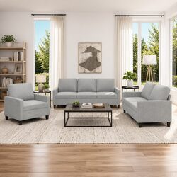 3 Piece Sofa Set Grey Fabric Living Room Furniture Couch with Cushions Modern