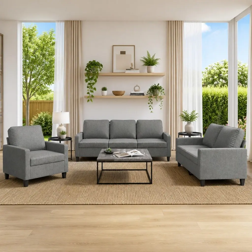 Grey Fabric 3 Piece Sofa Set