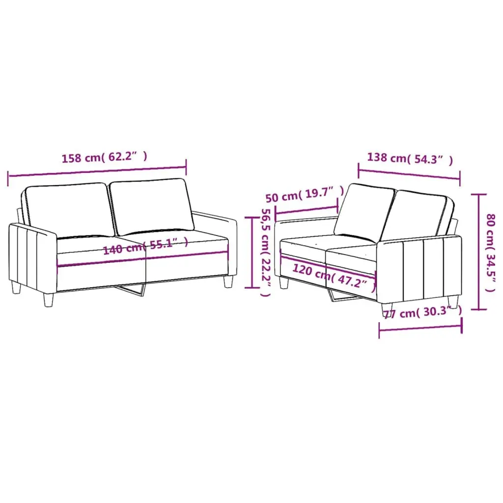 2 Piece Sofa Set Black Fabric Cushions Living Room Lounge Seating Suite