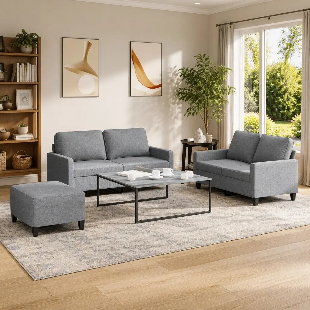 3 Piece Grey Sofa Set with Footstool
