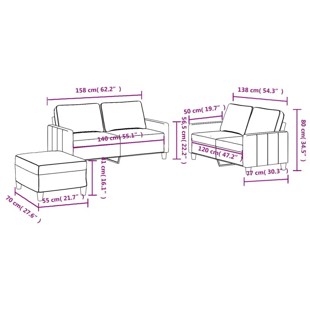 3 Piece Grey Fabric Sofa Set for Living Room Furniture