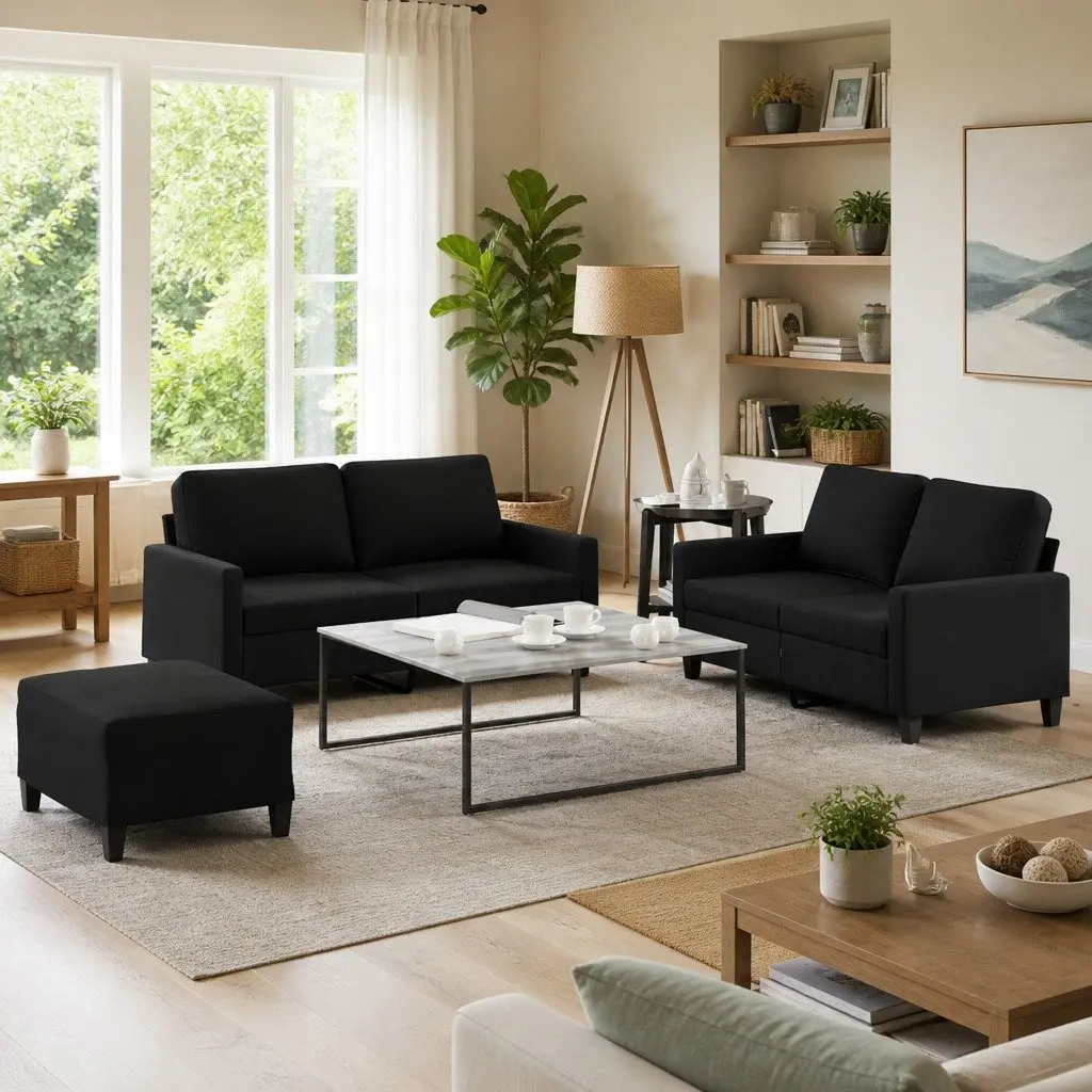Sofa Set Living Room Black Fabric 3 Piece