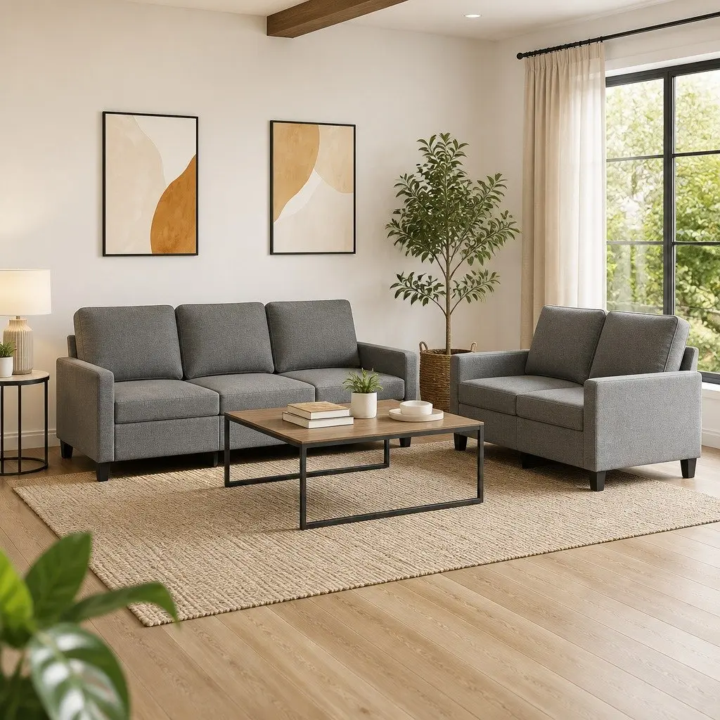 2 Piece Grey Fabric Sofa Set for Living Room Seating