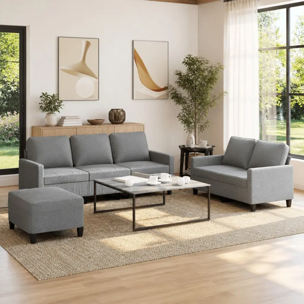 3 Piece Sofa Set in Grey Fabric with Footstool Included