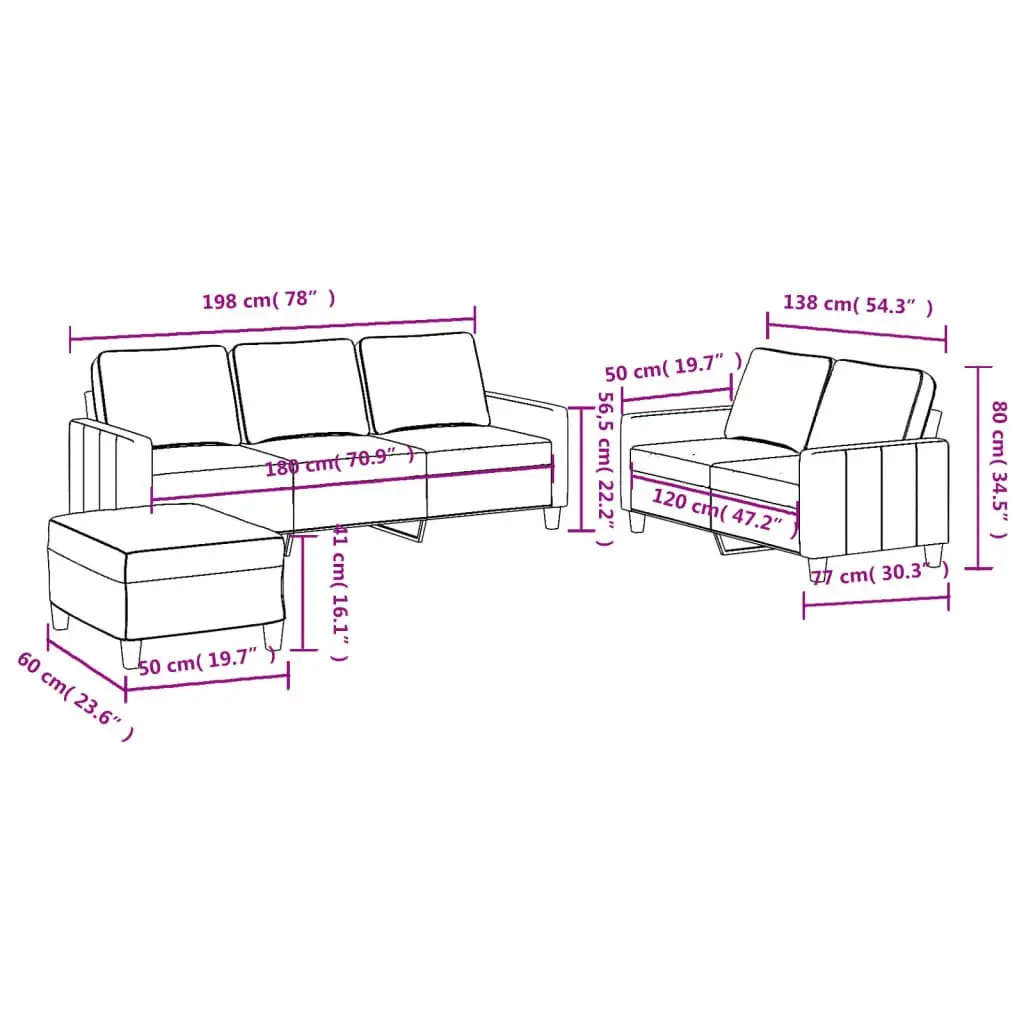 3 Piece Sofa Set in Grey Fabric with Footstool Included