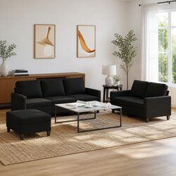 Black Fabric Sofa Set: 3 Pieces with Cushions Included