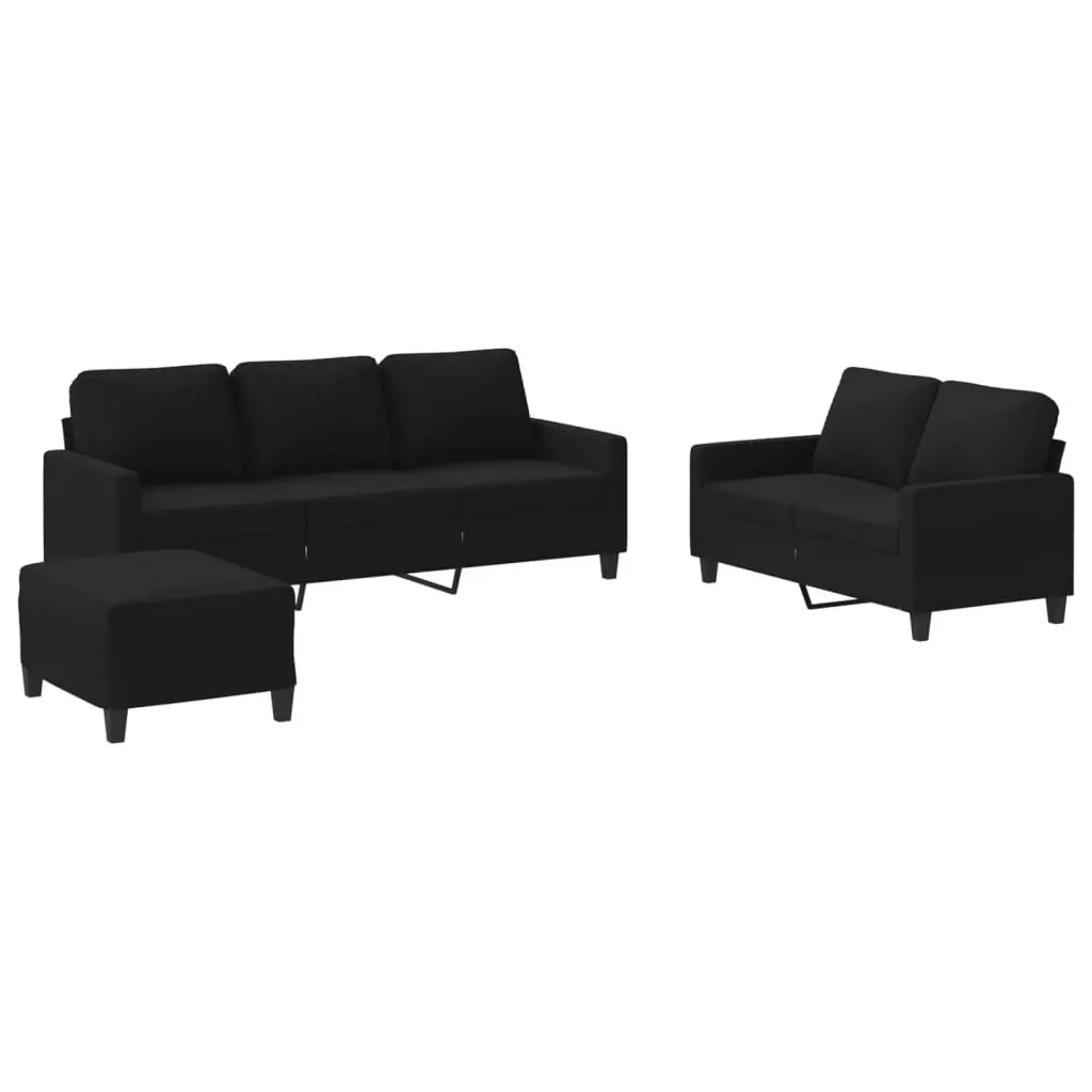 3 Piece Sofa Set with Cushions Black Fabric Lounge Couch Footstool Living Room