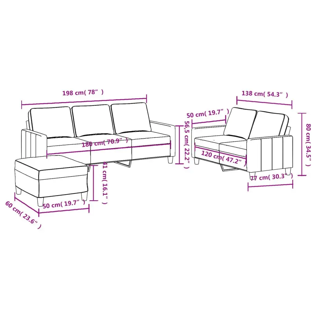 3 Piece Sofa Set with Cushions Black Fabric Lounge Couch Footstool Living Room