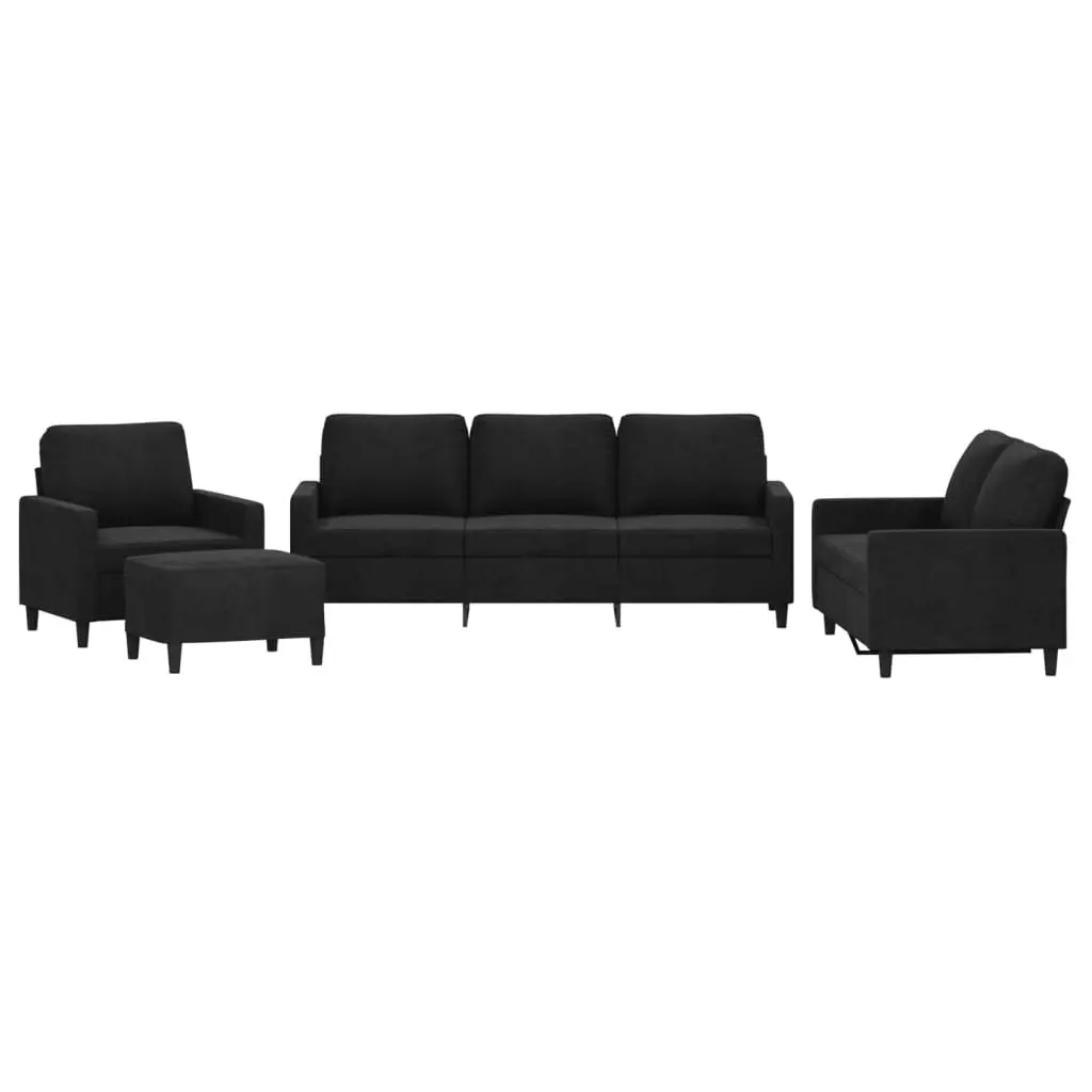 4 Piece Sofa Set with Footstool Cushions Black Velvet Living Room Furniture