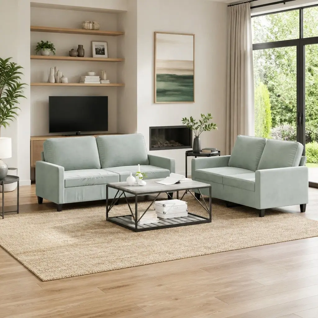 Sofa Set Living Room Grey Velvet 2 Piece