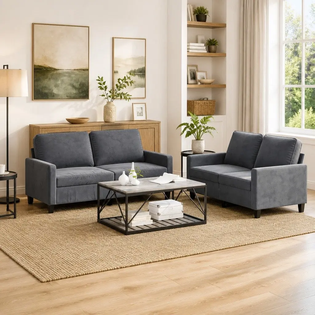 2 Piece Sofa Set Living Room Dark Grey Velvet Padded Seat Armrests