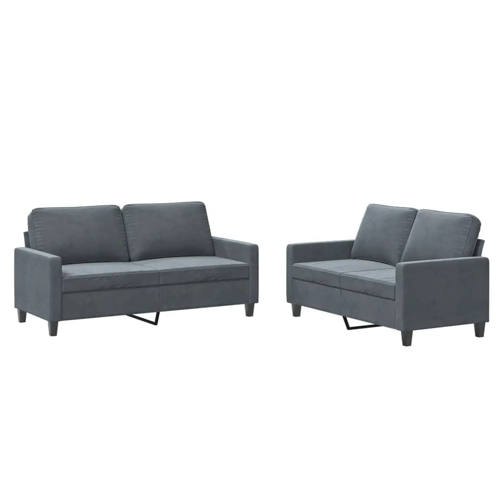 2 Piece Sofa Set Living Room Dark Grey Velvet Padded Seat Armrests
