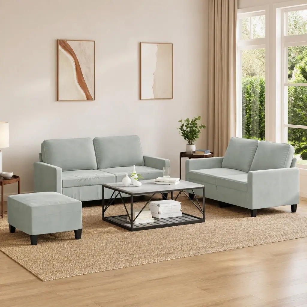 3 Piece Grey Velvet Sofa Set Living Room Furniture