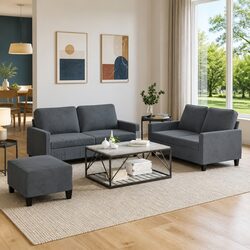 Three-Piece Sofa Set: Grey Velvet with Footstool