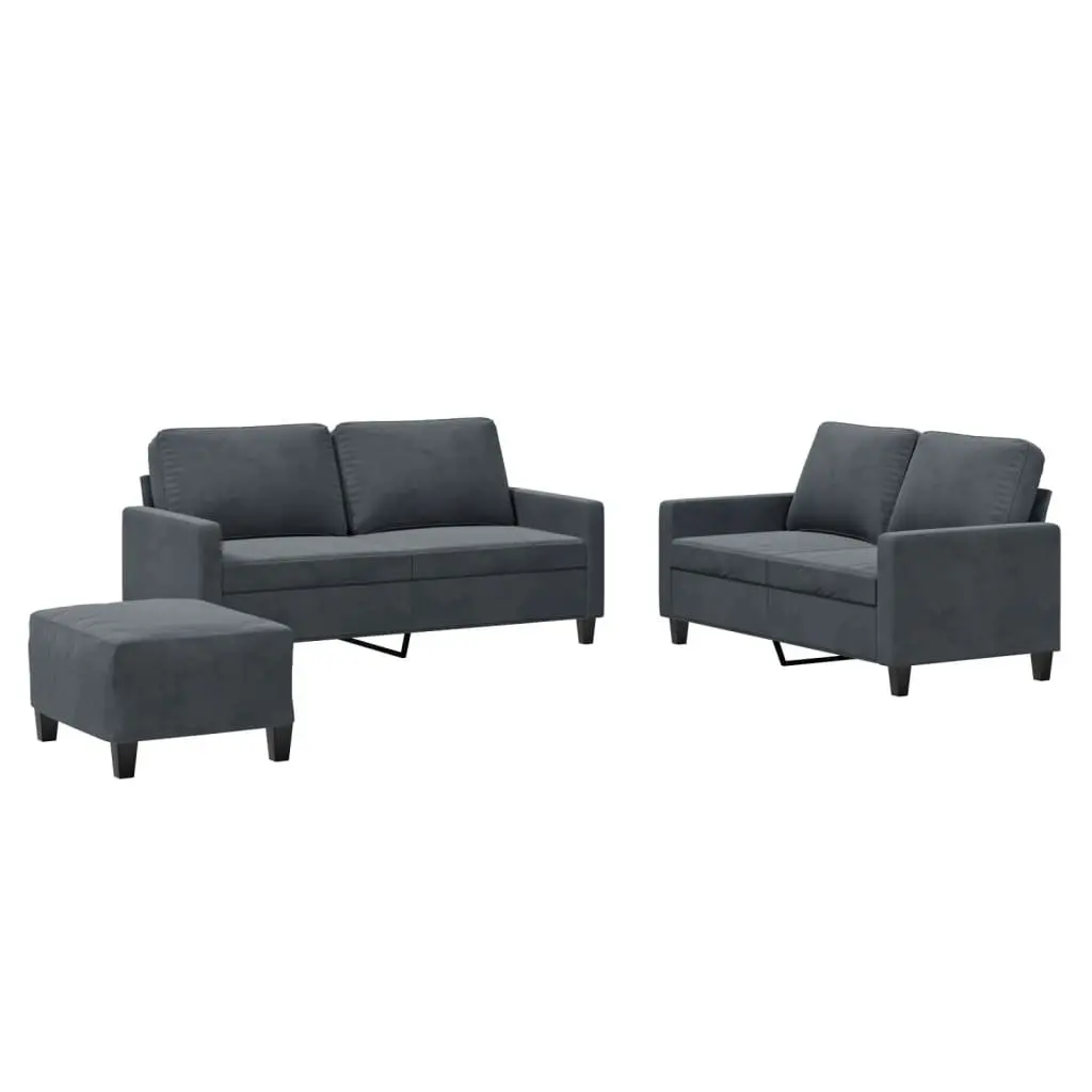 3 Piece Sofa Set Living Room Grey Velvet